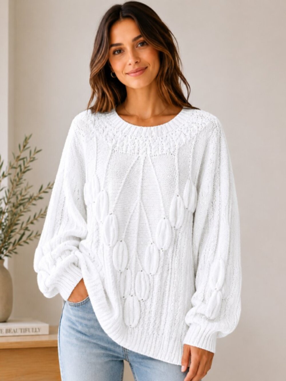 NEW Hand Knit Women White Sweater Cable Knit Pullover Tunic Size XL (16-18)
